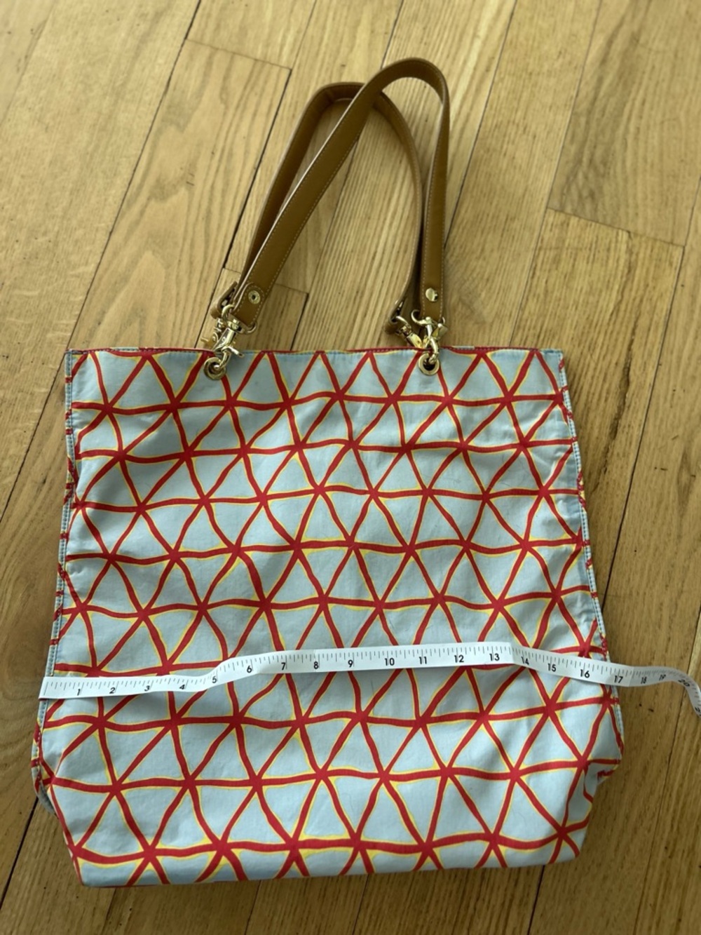 J. McLaughlin Light Blue Tote with Red Geometric Print and Leather Handles
